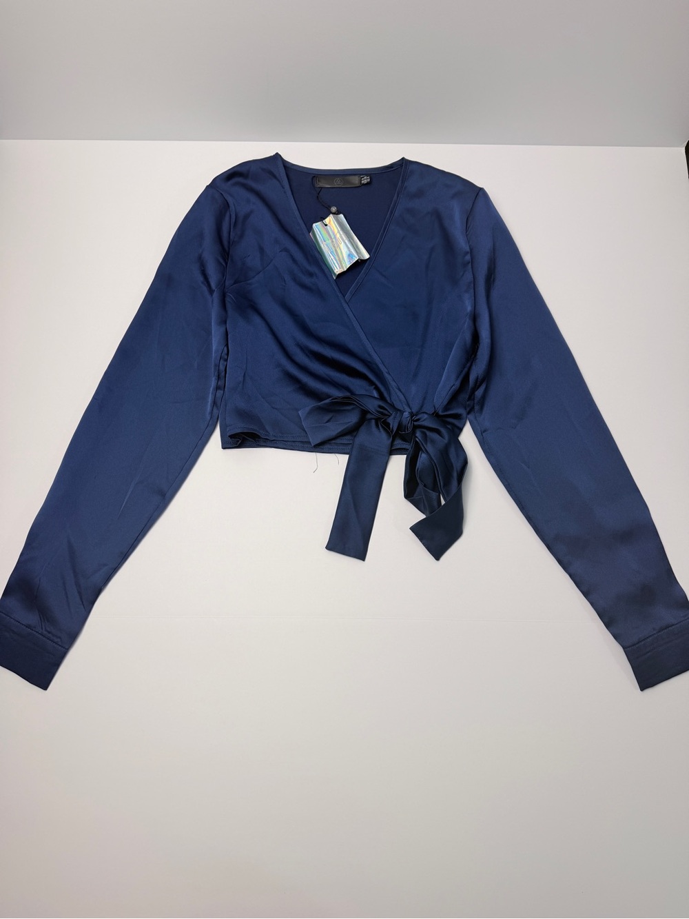 Missguided Satin Wrap Crop Top Blue Long Sleeve Tie Front Blouse Women US size 4